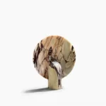 Modern marble table lamp with integrated LED showing three-quarter front view, natural purple-brown veined marble cylinder base with round marble panel diffuser on white studio background