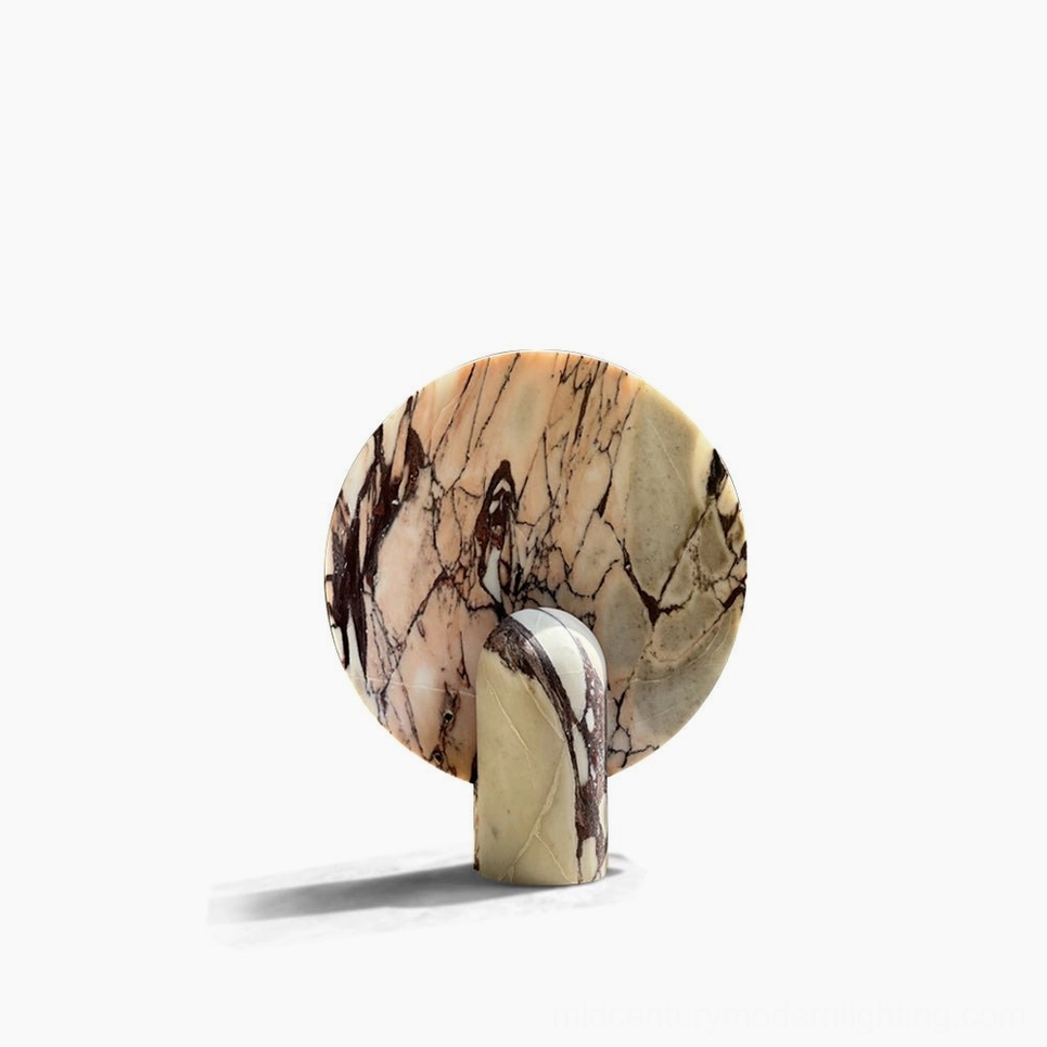Modern marble table lamp with integrated LED showing three-quarter front view, natural purple-brown veined marble cylinder base with round marble panel diffuser on white studio background
