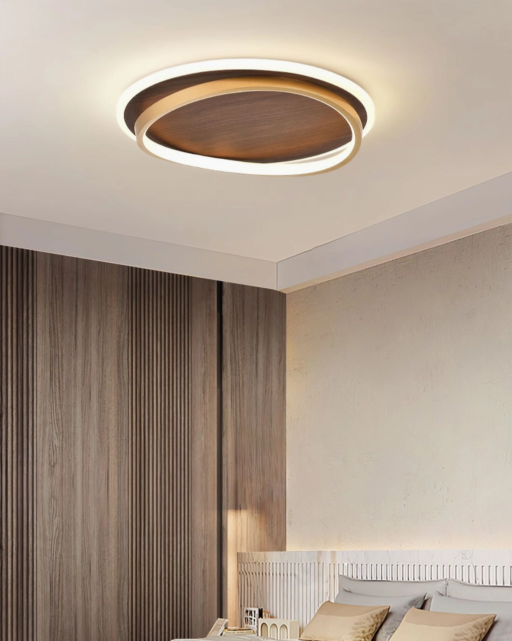 Modern LED ceiling fixture with gold trim and walnut wood core on master bedroom ceiling, minimalist Nordic design aesthetic