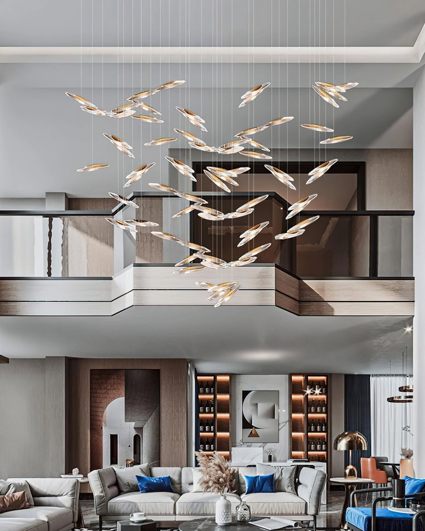 Modern minimalist glass chandelier with clean lines and elegant pendant configuration