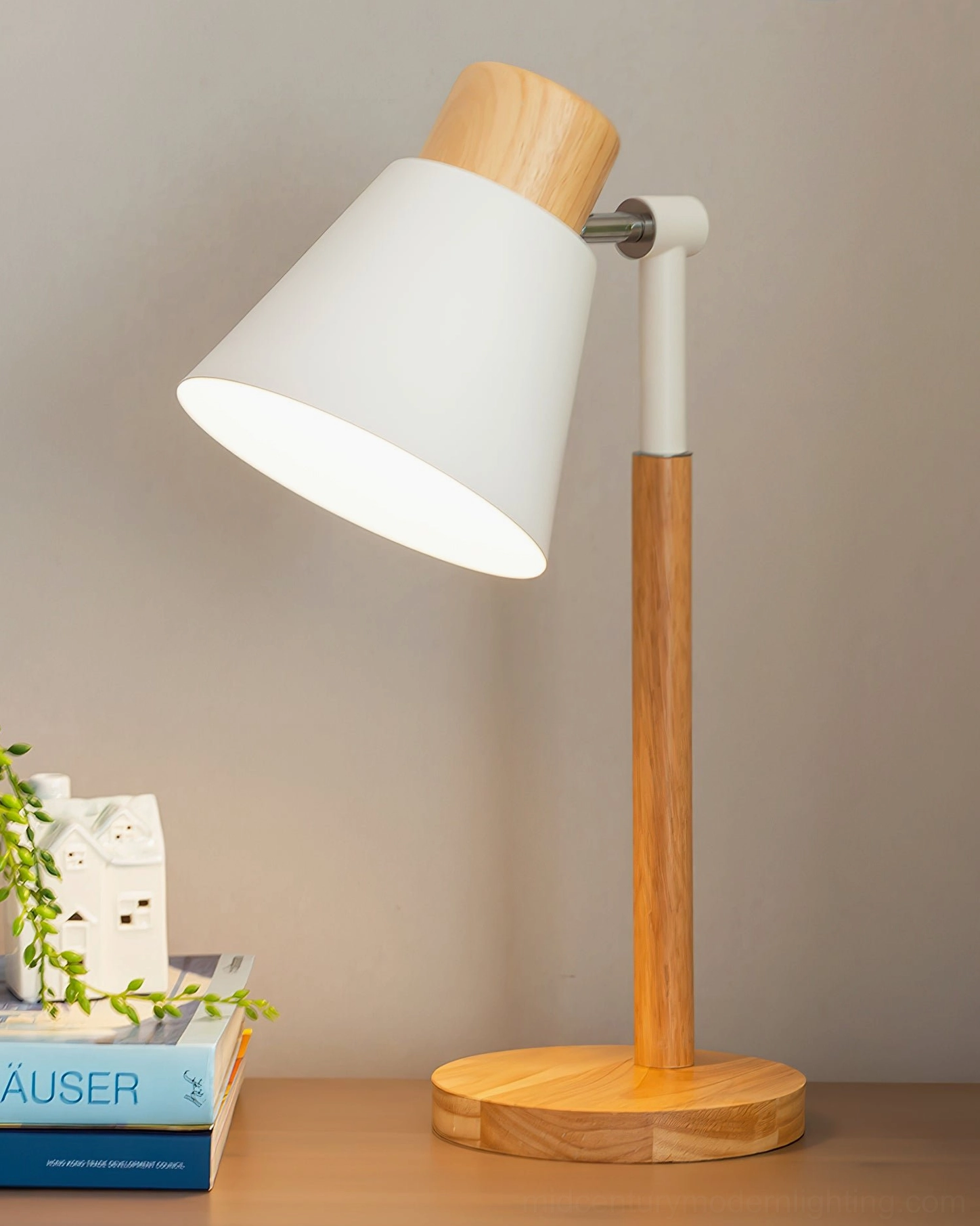 Modern Nordic table lamp with natural wood accent and white metal shade architectural design view