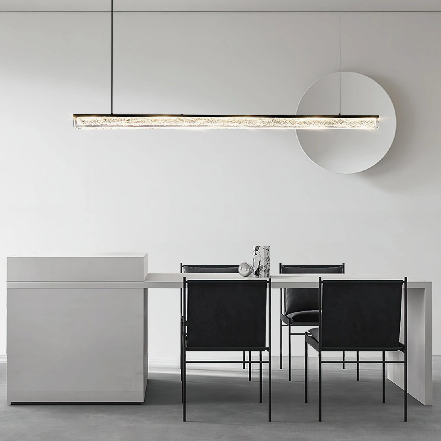 Three-color adjustable LED pendant chandelier suspended above modern dining table in minimalist white interior