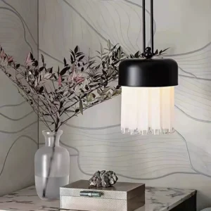 Pendant light installed in luxury residential interior, eye-level perspective showing warm ambient lighting and glass texture detail