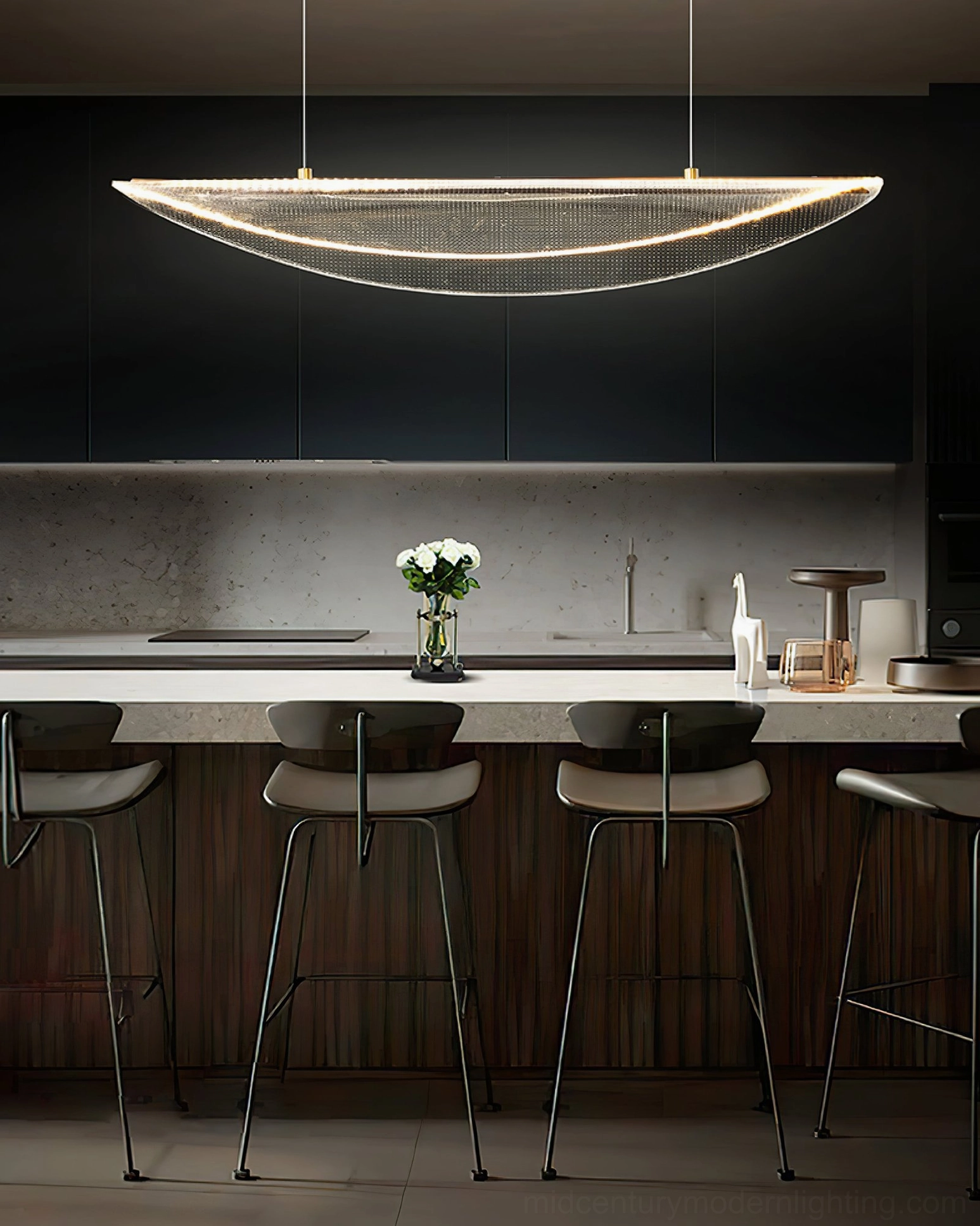 Linear floating pendant lamp illuminating dark wood luxury kitchen bar area