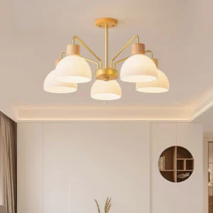 Ribbed glass chandelier installed in minimalist Nordic apartment, eye-level interior view with warm ambient lighting