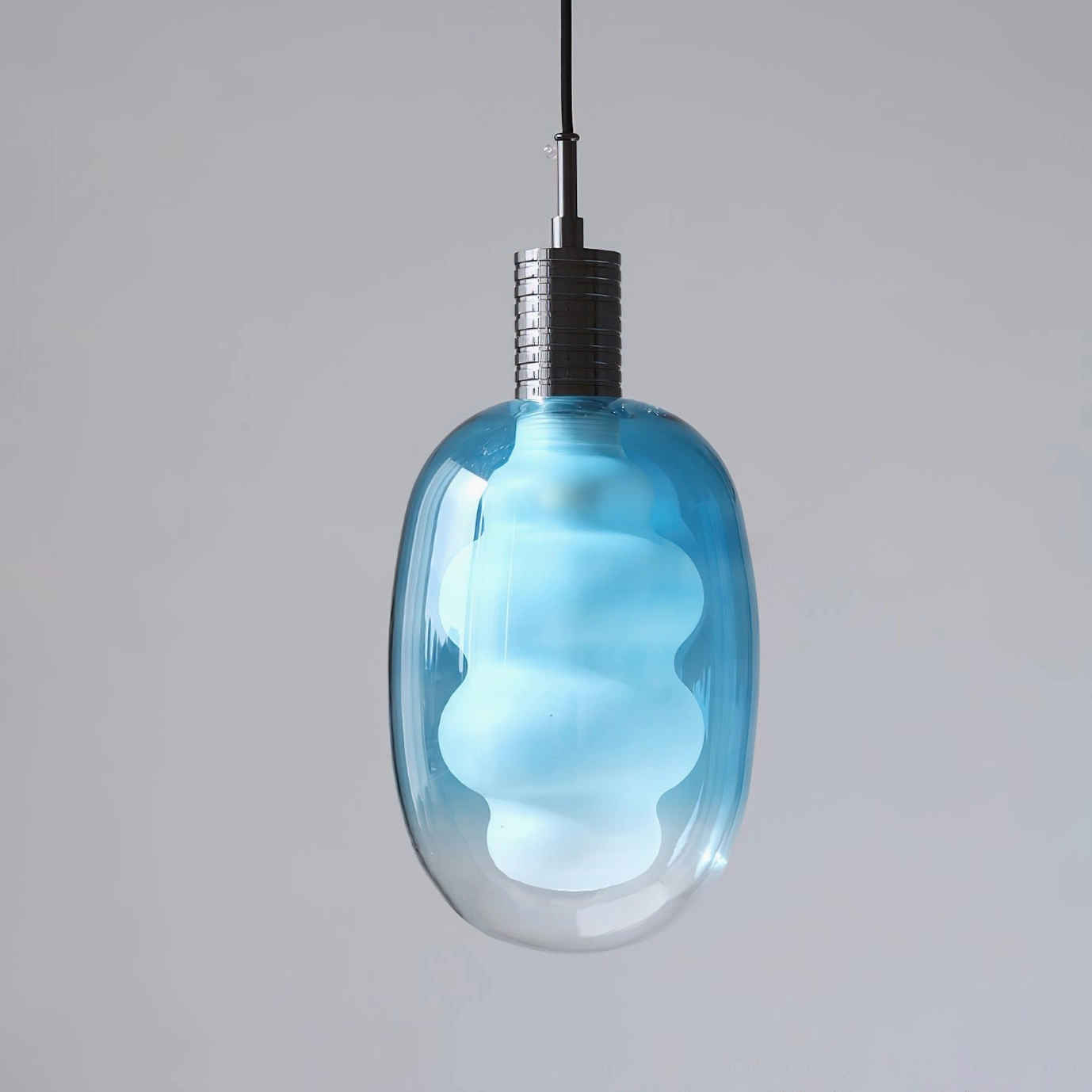 Modern sculptural pendant light, gradient glass sphere, metal fixture, minimalist interior setting