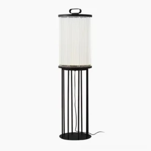 Modern solar floor lantern with vertical ribbed frosted glass shade and matte black stainless steel frame, minimalist design front view