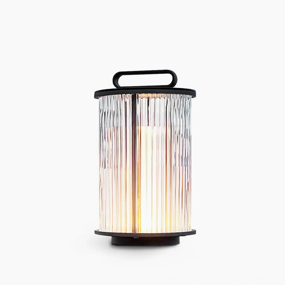 Modern solar glass lantern table lamp with ribbed glass shade and black stainless steel frame, front view studio shot