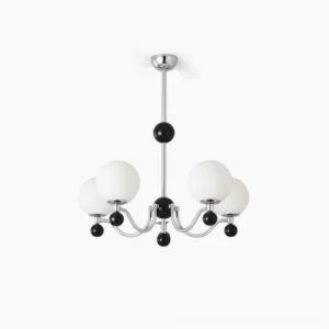 Modern spherical chrome chandelier with black decorative accents and frosted glass shades, front flat view on white background
