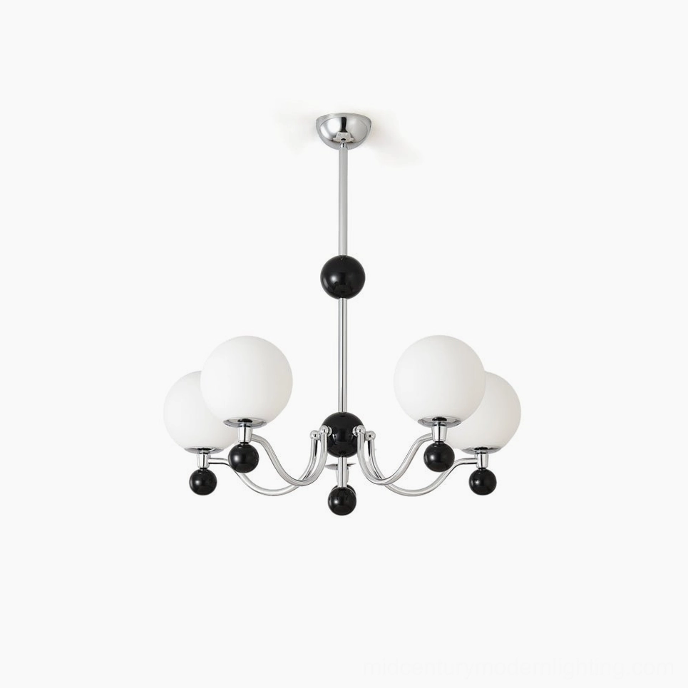 Modern spherical chrome chandelier with black decorative accents and frosted glass shades, front flat view on white background