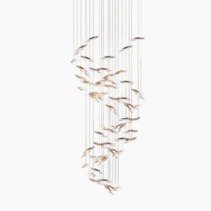 Modern spiral glass chandelier with cascading clear pendants and minimalist luxury design on white studio background