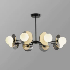 Modern sputnik ceiling chandelier flat front view showcasing black metal framework with champagne gold and smoke gray disc accents and illuminated glass shades