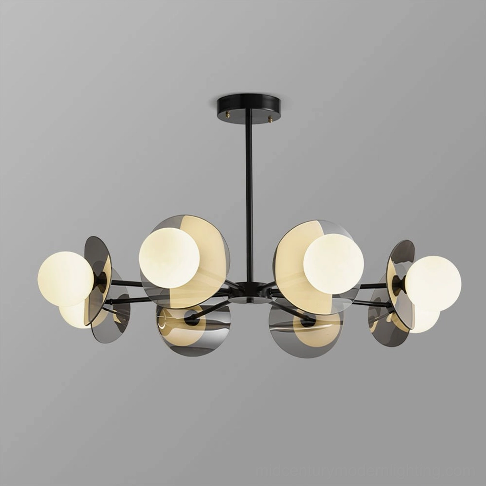Modern sputnik ceiling chandelier flat front view showcasing black metal framework with champagne gold and smoke gray disc accents and illuminated glass shades