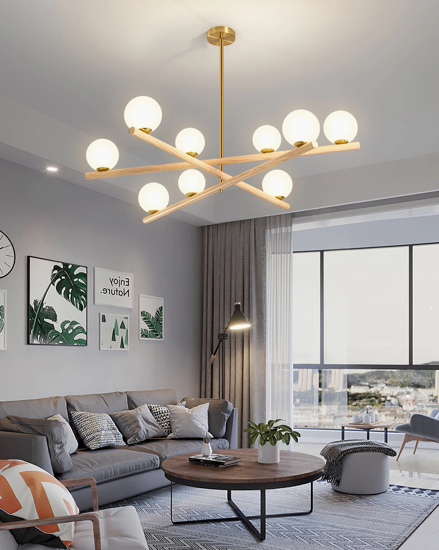 Contemporary living room featuring 9-head sputnik chandelier with large windows, gray sofa, and modern minimalist decor