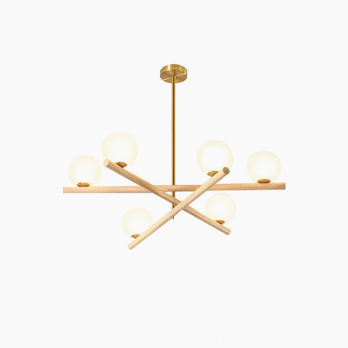 Modern minimalist sputnik globe chandelier featuring symmetrical design with wood-textured suspension arms and frosted glass orbs