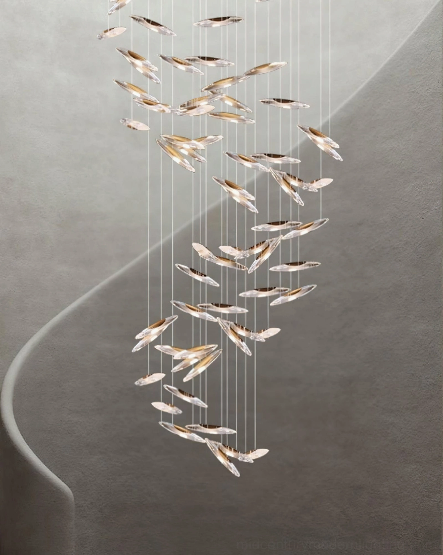 Modern suspended glass chandelier with polished metal framework and artistic pendant arrangement
