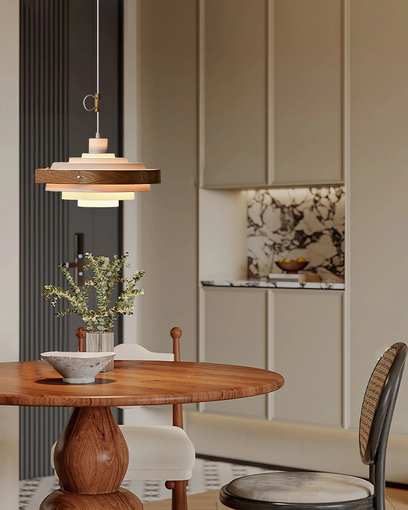 Adjustable swing arm pendant lamp with wood and white metal shade in modern wooden dining area