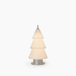 Minimalist tiered cone LED table lamp with white acrylic shade and chrome metal base on pure studio white background