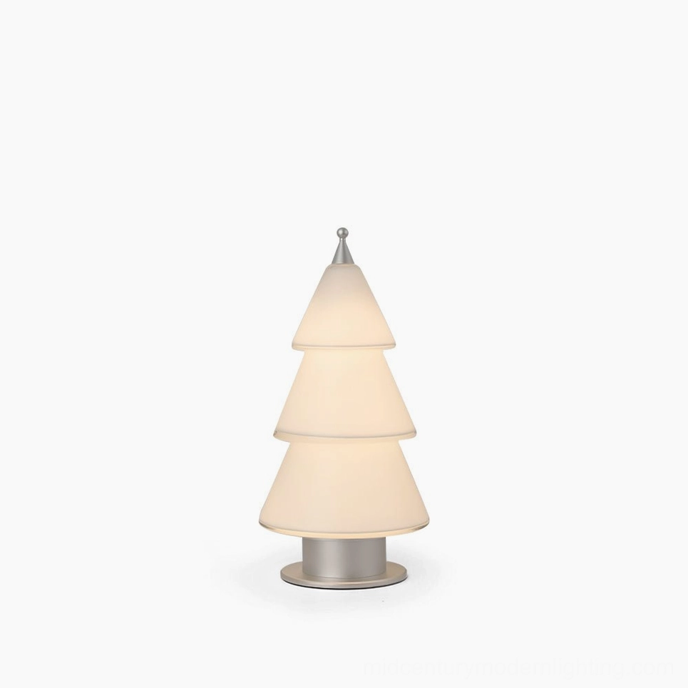 Minimalist tiered cone LED table lamp with white acrylic shade and chrome metal base on pure studio white background