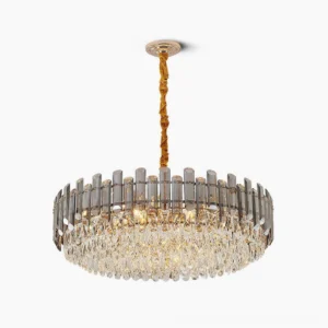 Modern tiered crystal chandelier with gold metal frame and clear crystal pendants - front view product photography