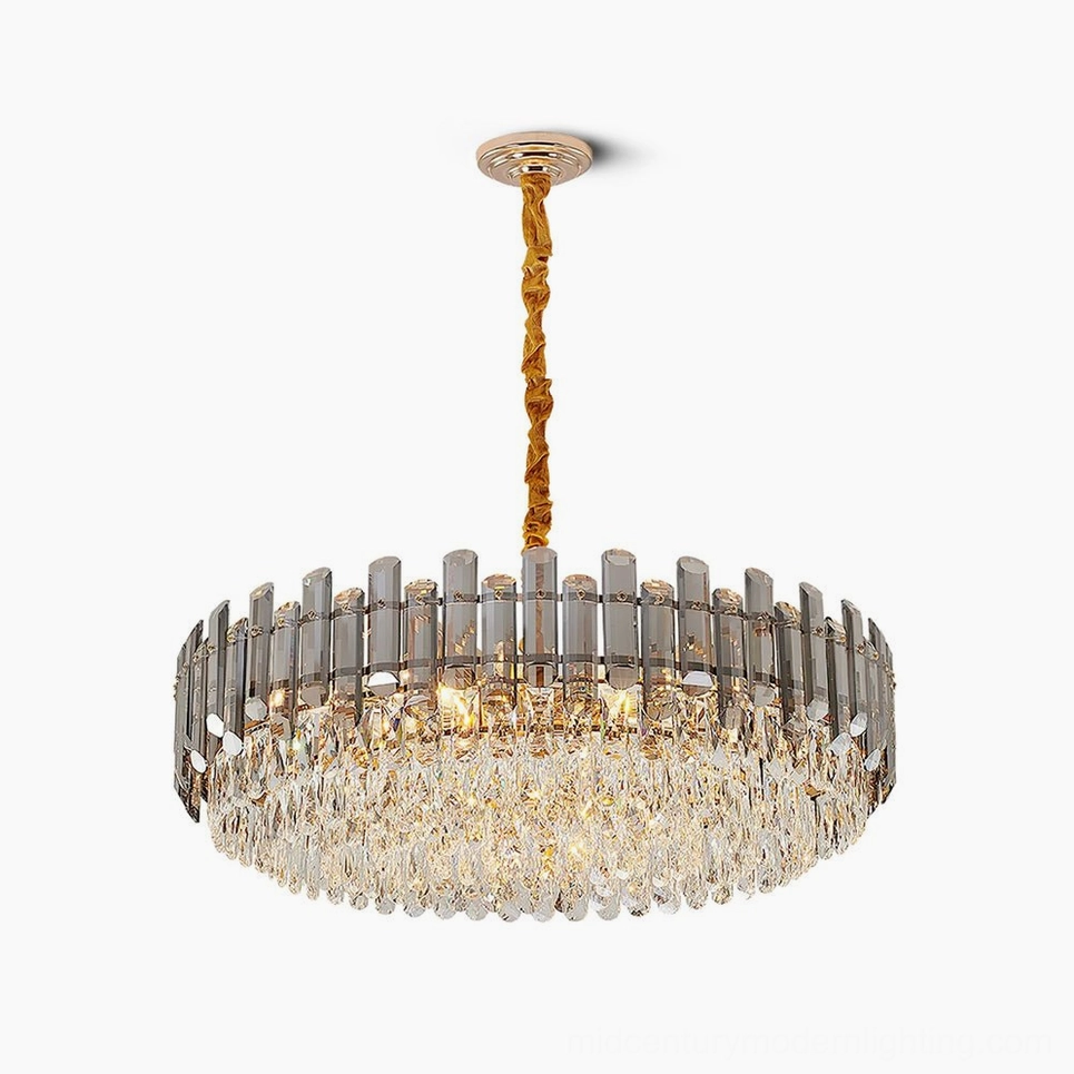 Modern tiered crystal chandelier with gold metal frame and clear crystal pendants - front view product photography