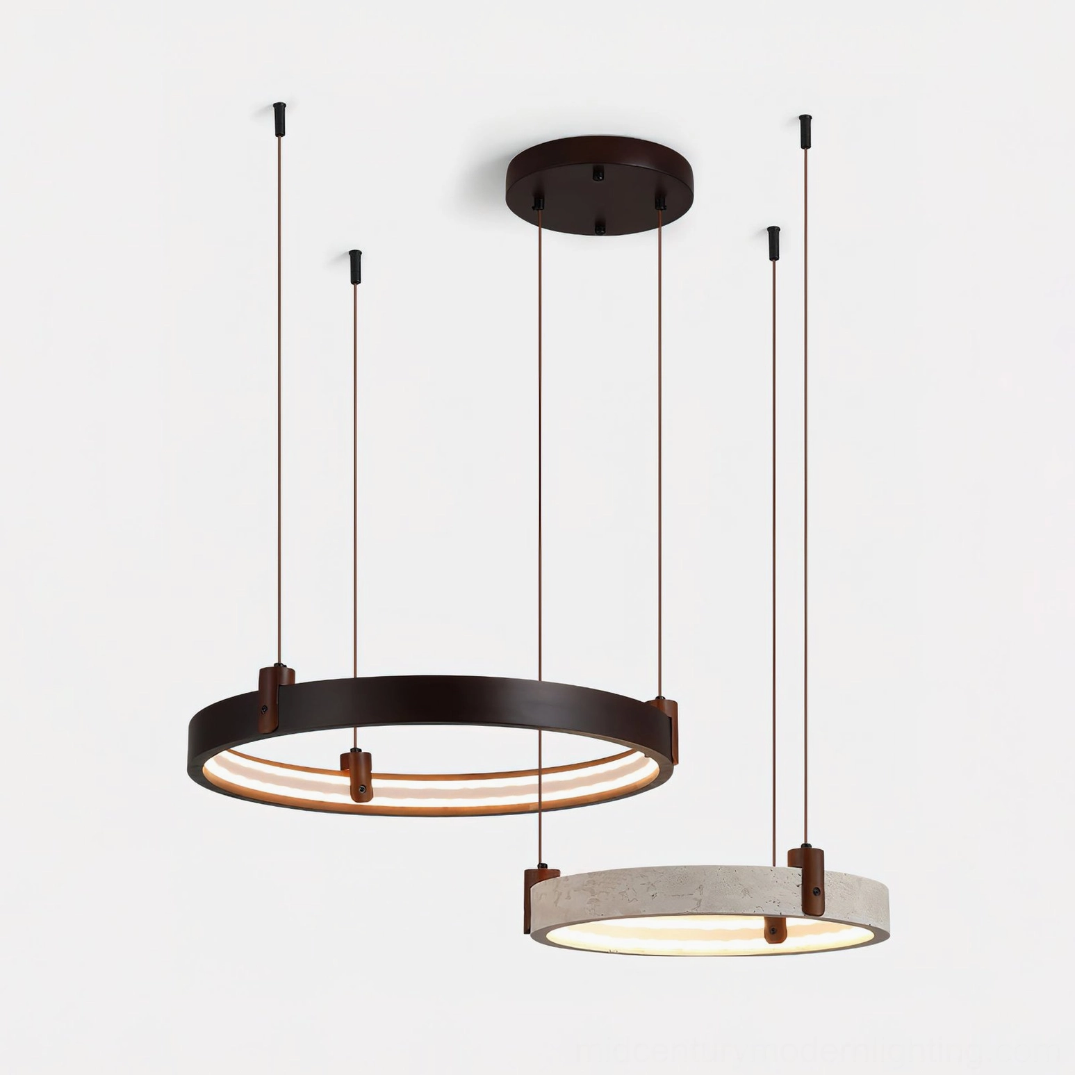 Modern travertine pendant chandelier suspended in contemporary residential space, showcasing dual-tone finish and organic minimalism