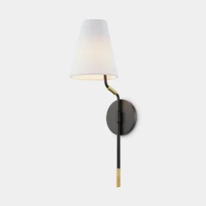 Contemporary wall-mounted sconce with curved brass accent joint and round black wall plate, frontal view