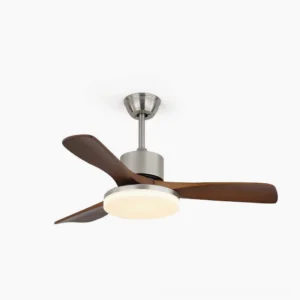 Modern walnut wood ceiling fan with integrated LED light - overhead studio view showing blade design and metal frame