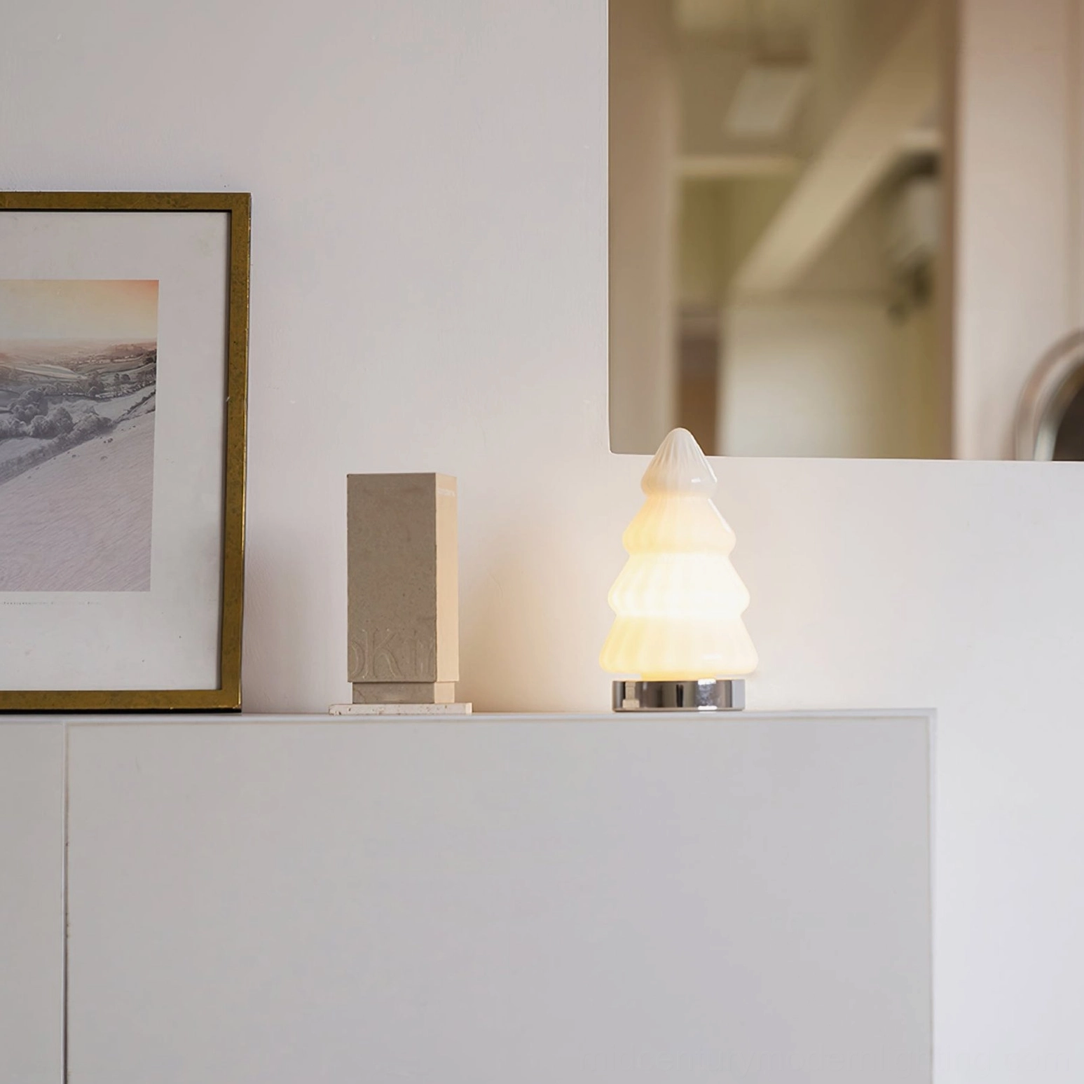 Modern white tree-form table lamp with integrated LED warm light fixture Scandinavian design aesthetic