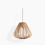 Mid-century modern geometric wood slat cage pendant lamp with natural wood finish in studio lighting