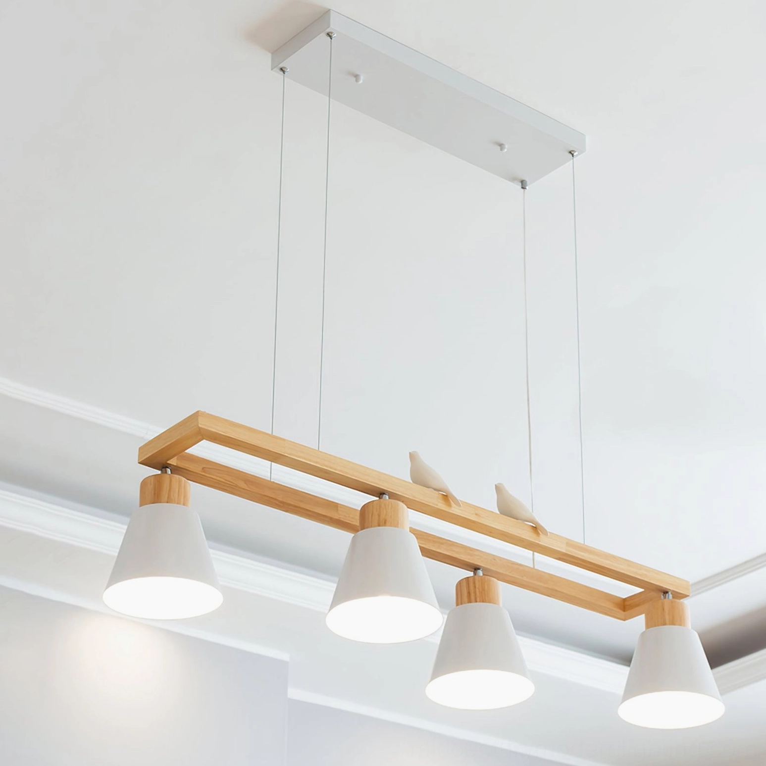 Modern wooden pendant chandelier in studio setting showcasing clean geometric cone design