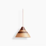 Moku wooden pendant light with tapered conical design, showcasing natural ash and walnut wood grain against minimalist white studio background