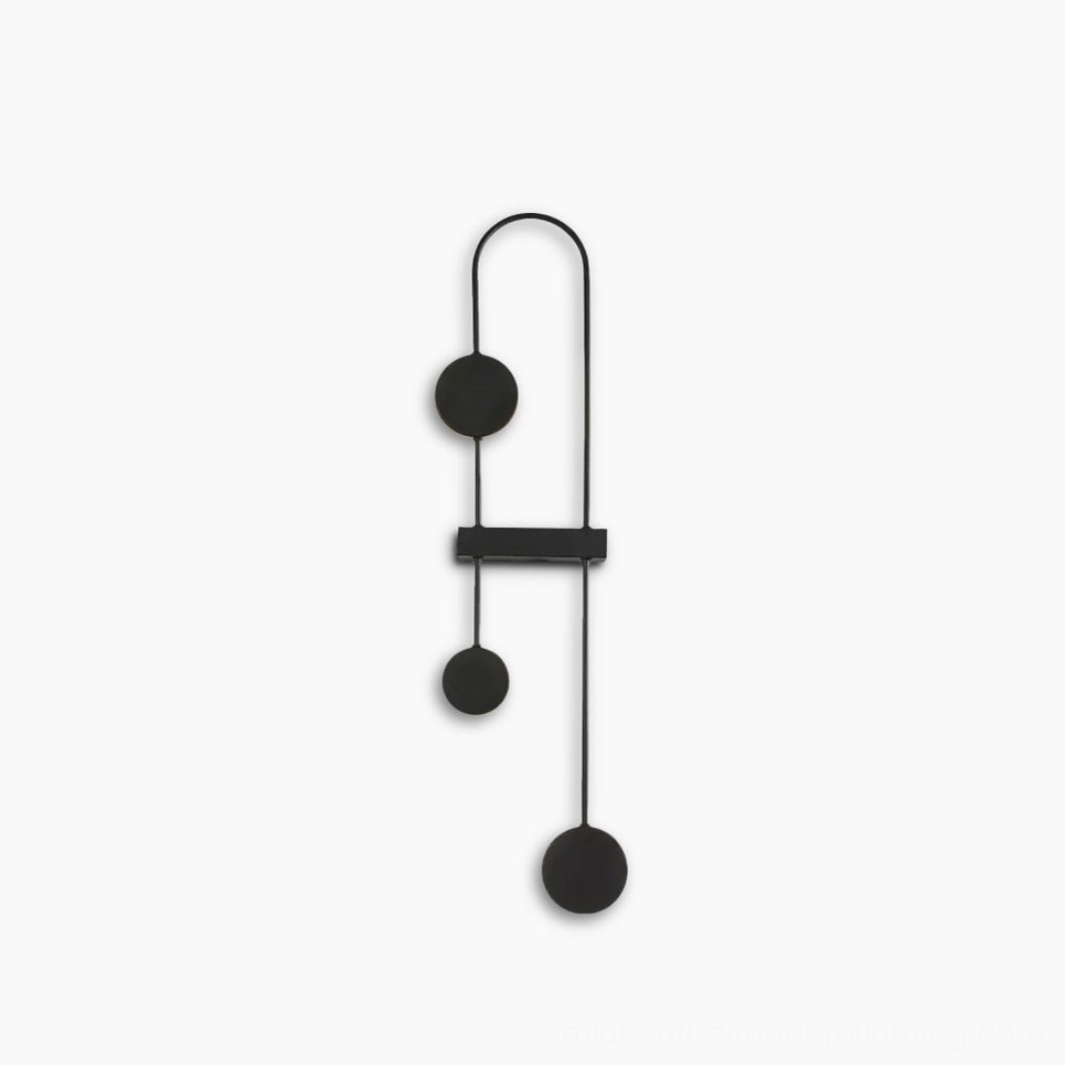 Molecular LED wall sconce with geometric glass globes and matte black metal frame, front view on white background
