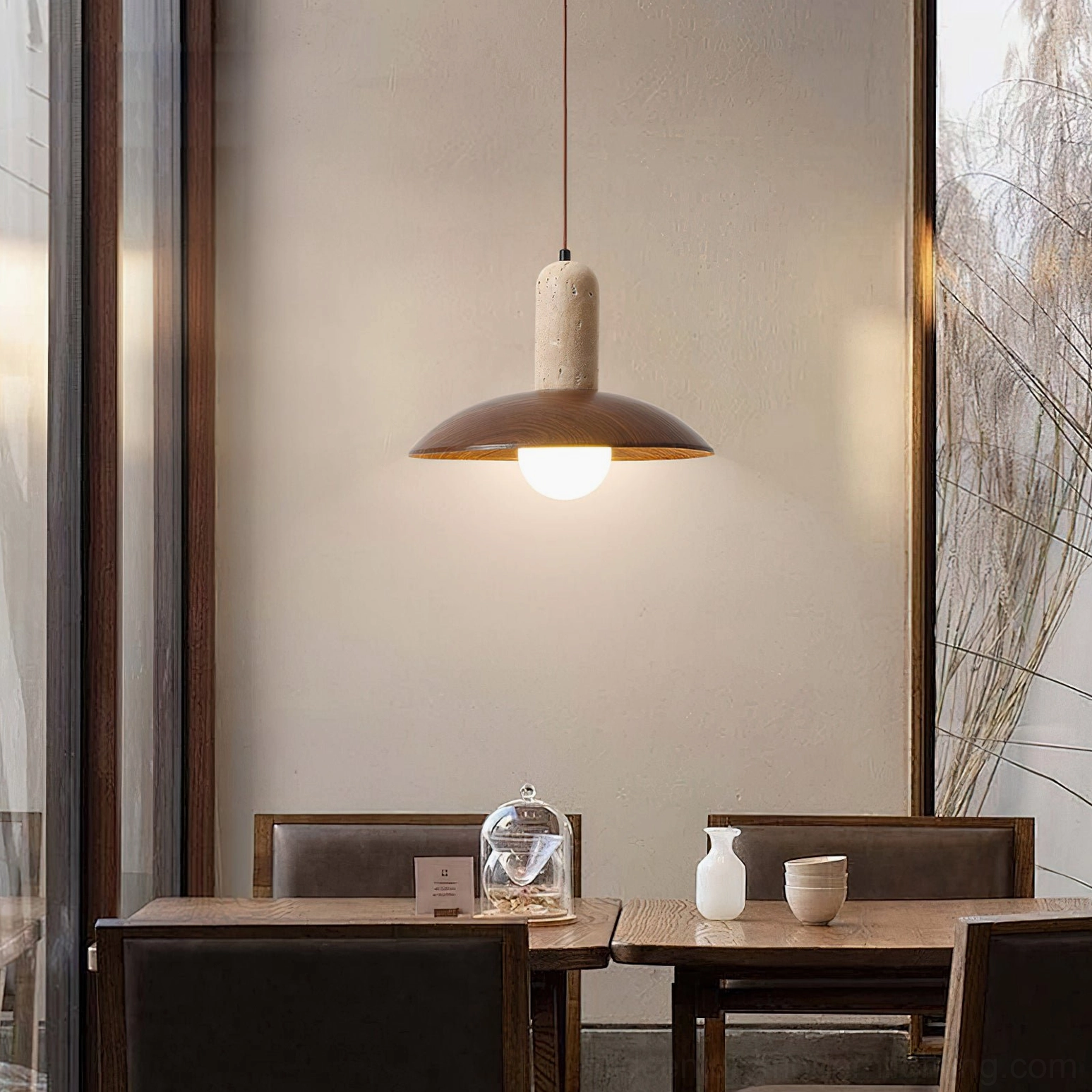 Molly travertine pendant light in formal dining room with minimalist rustic styling