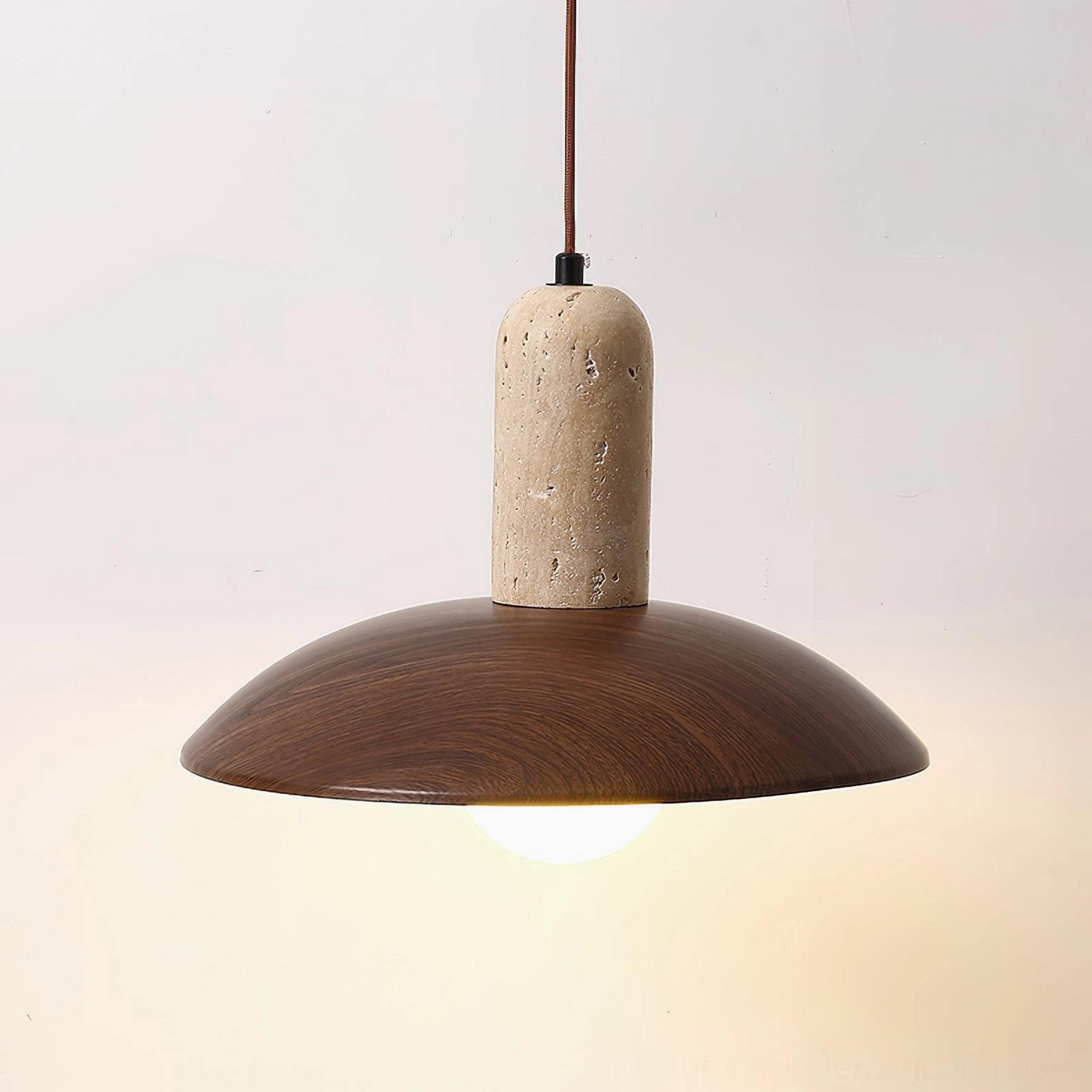 Molly travertine walnut pendant light close-up frontal view natural design