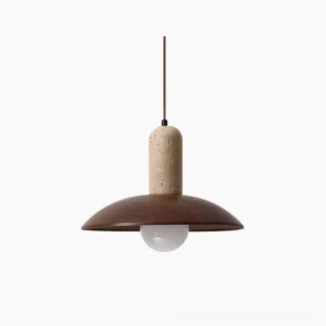 Molly travertine and walnut pendant light frontal view with minimalist white background