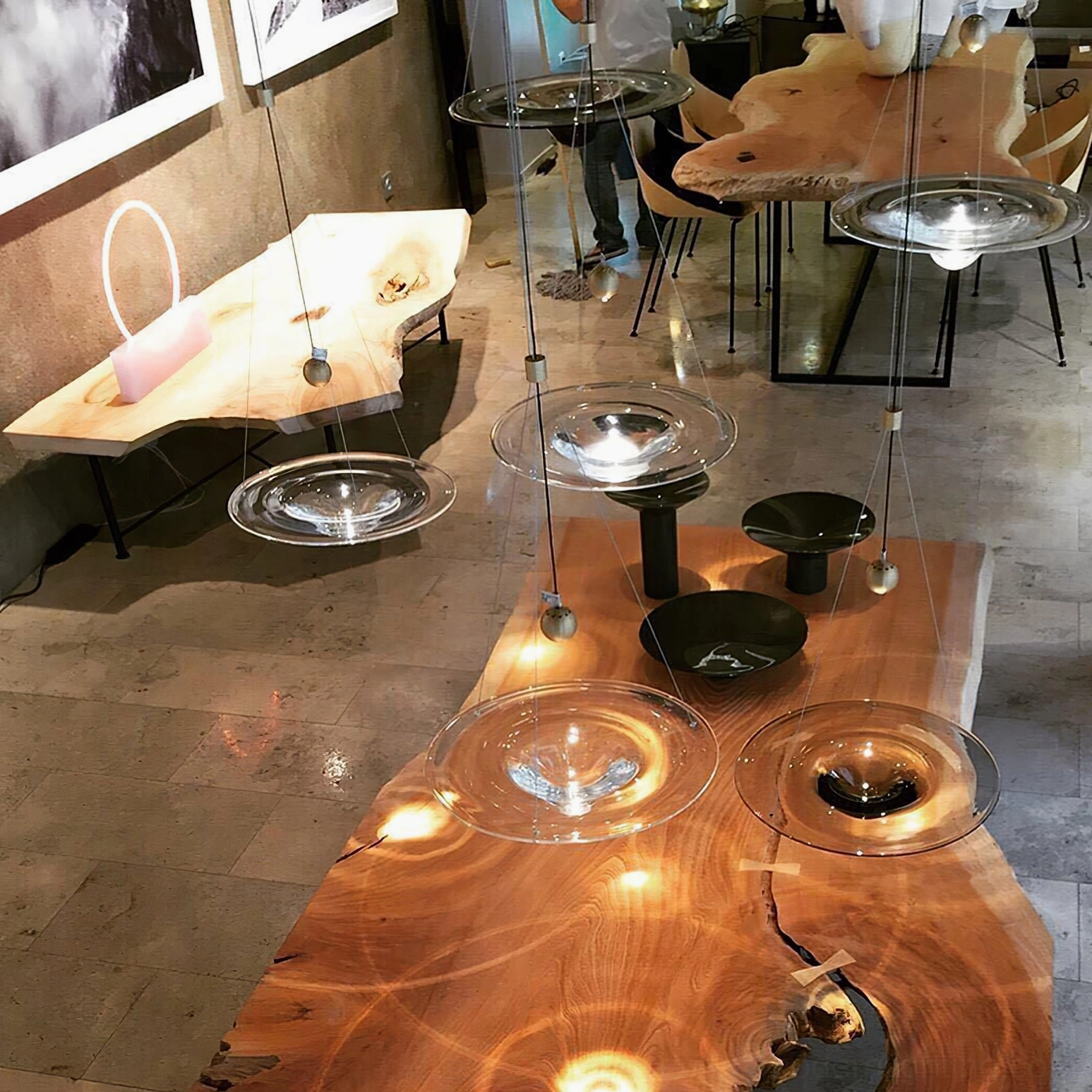 Momento glass saucer pendant light 40cm large size installation showing scale and proportion