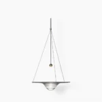 Momento glass pendant lamp - sculptural clear glass sphere with brushed gold metal frame, direct frontal studio view