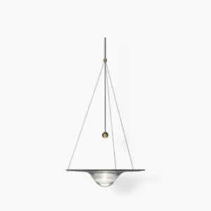 Momento glass pendant lamp - sculptural clear glass sphere with brushed gold metal frame, direct frontal studio view