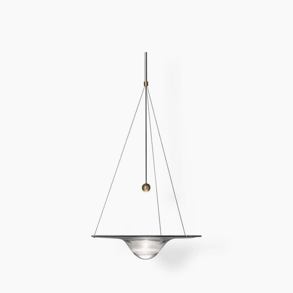 Momento glass pendant lamp - sculptural clear glass sphere with brushed gold metal frame, direct frontal studio view