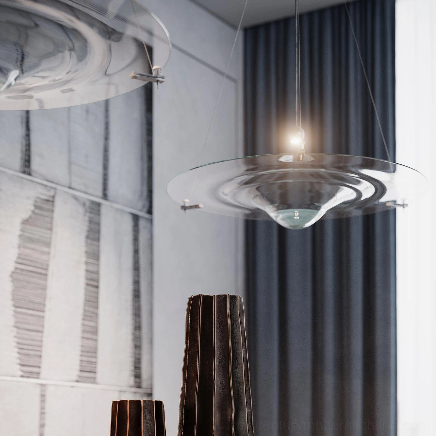 Single Momento saucer pendant lamp illuminated with warm light above modern living space low angle view