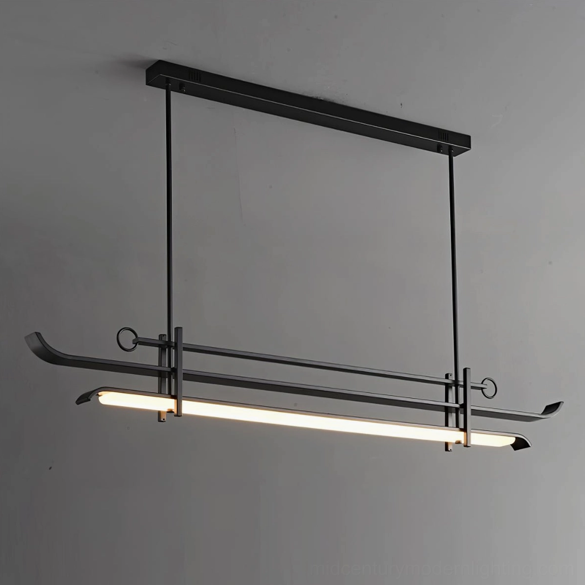 Three-quarter angle view of geometric LED chandelier showing nested frame construction and frosted acrylic light diffusers