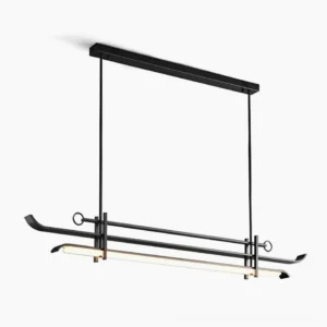 Mondrian linear LED chandelier front view with layered rectangular frames suspended from square canopy, matte black finish on white background