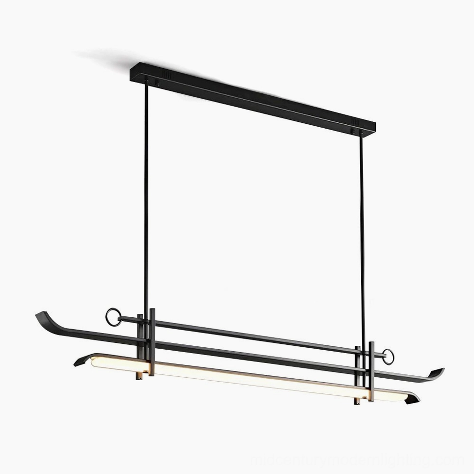 Mondrian linear LED chandelier front view with layered rectangular frames suspended from square canopy, matte black finish on white background