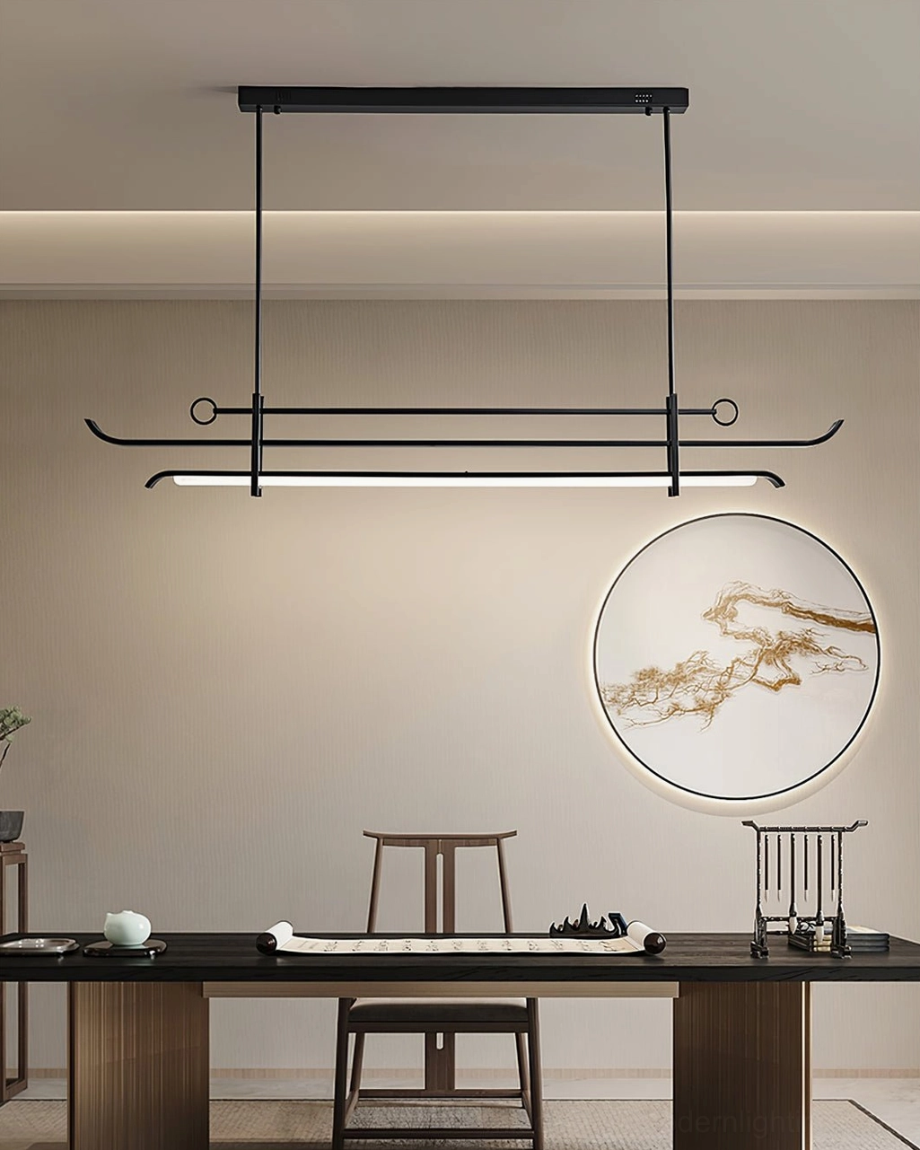 Mondrian geometric pendant installed above minimalist wooden desk in contemporary study room with modern wall art
