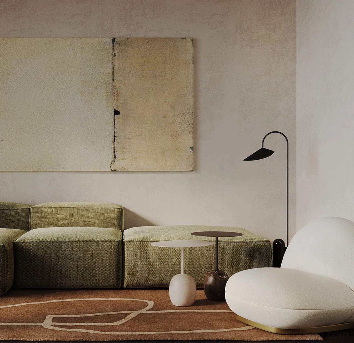 Mono floor lamp night scene showing ambient warm lighting and atmosphere