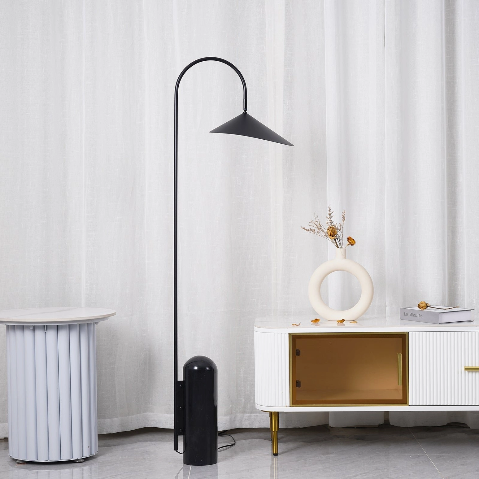 Mono floor lamp in minimalist bedroom corner ambient warm lighting for relaxation