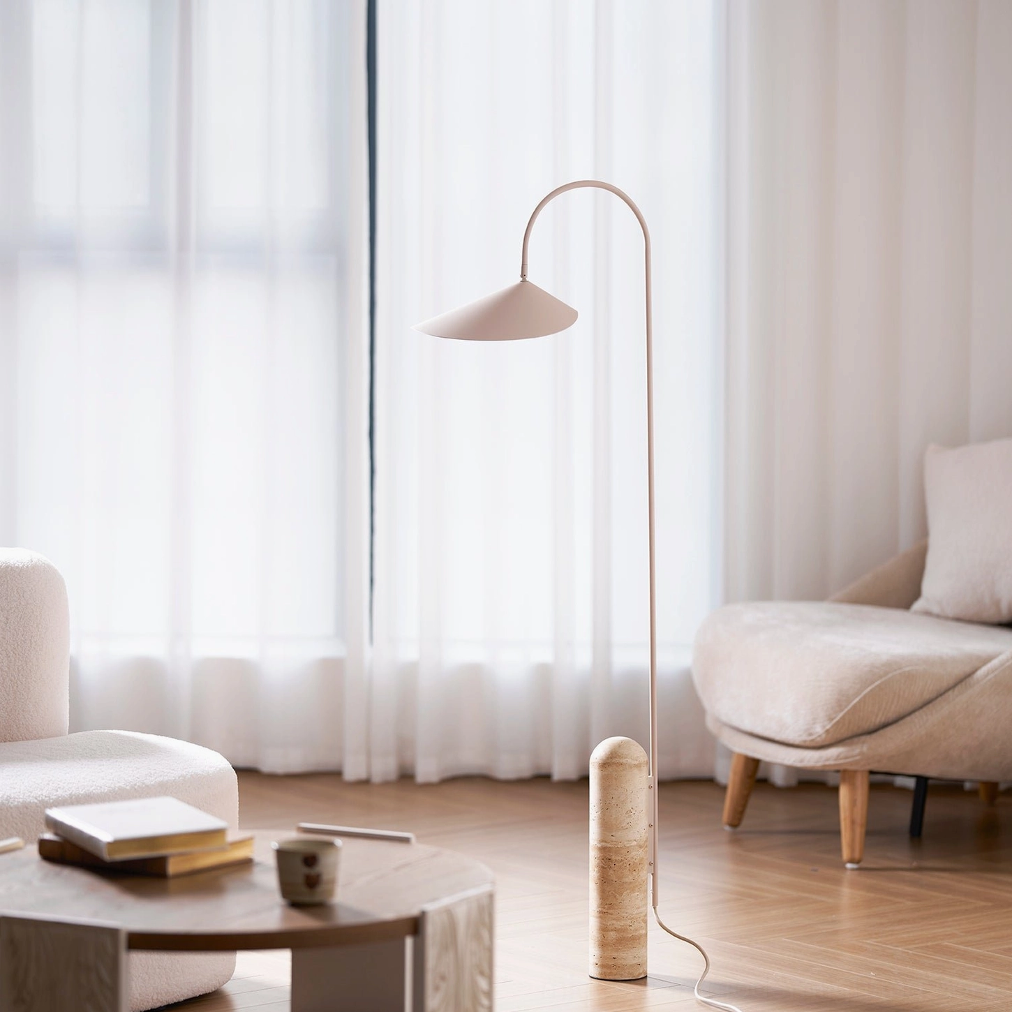 Mono floor lamp full view in contemporary interior showing curved metal arm and directional conical shade