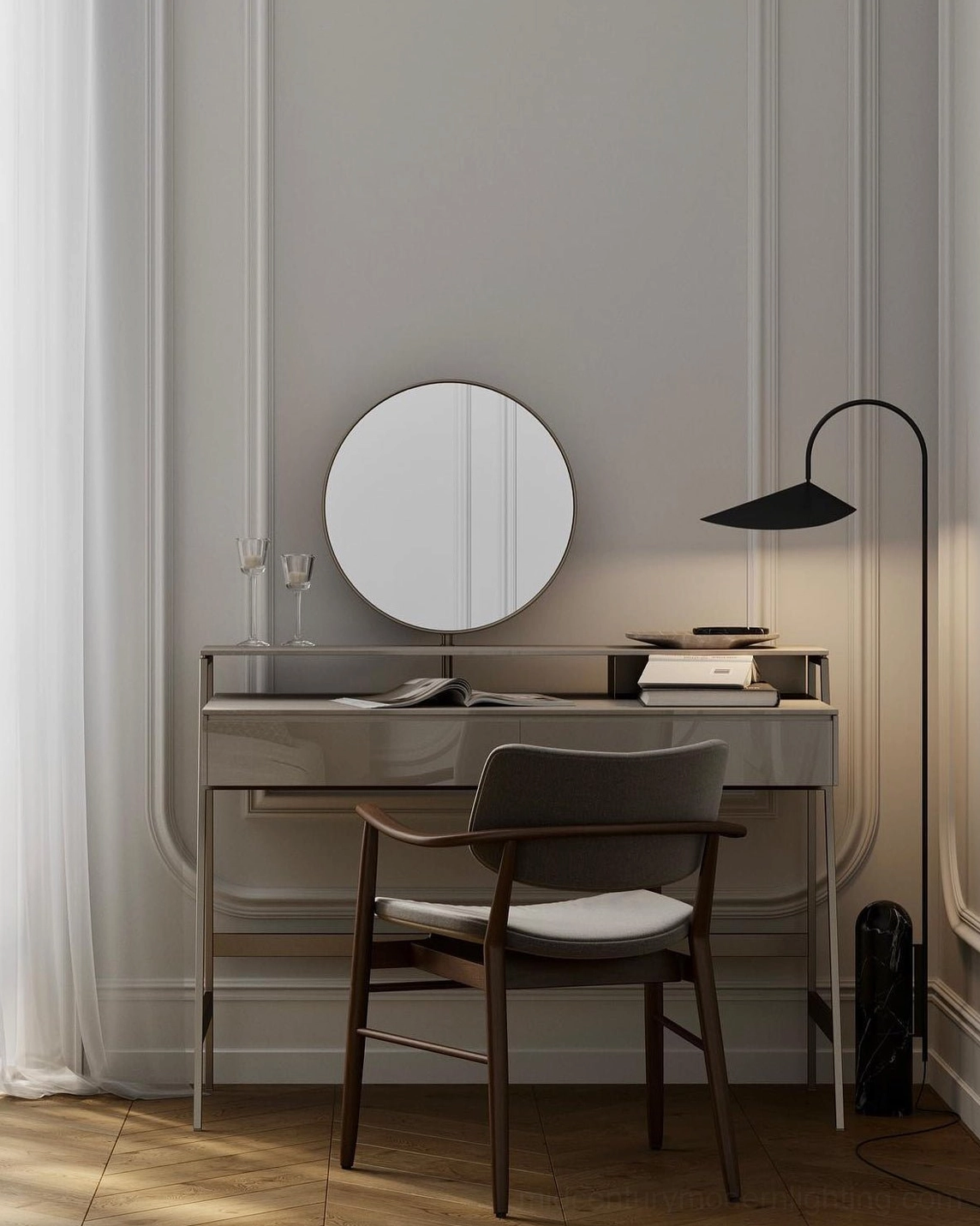 Mono floor lamp positioned in entryway accent area making quiet design statement