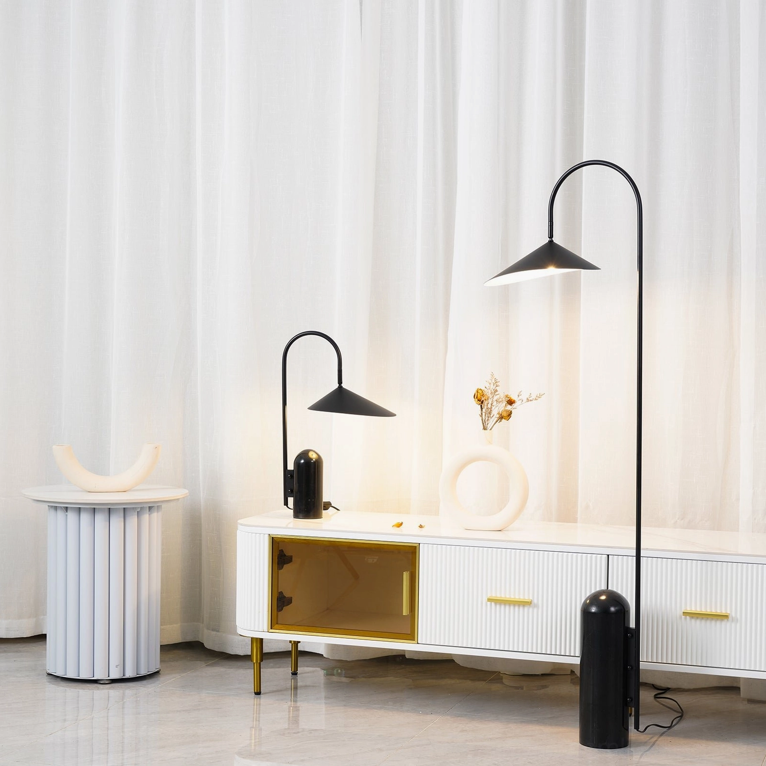 Mono floor lamp full-length view with rounded conical shade detail and base geometry